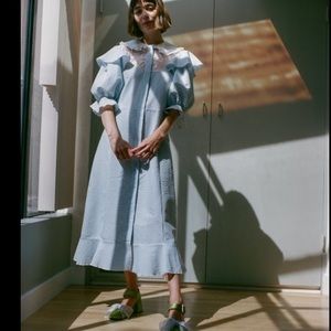 Suzanne rae blue gingham puff sleeve lace dress size 40 nwot